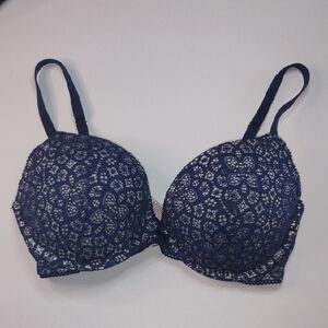 Victoria's Secret Navy Blue Dream Angel Floral Lace Bra Padded Underwire Size 32